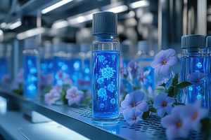 Bright blue liquid in glass bottles, a Photo by Tanuart