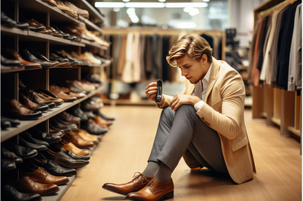 Young man trying on shoes in shop, a Person Photo by Ylivdesign
