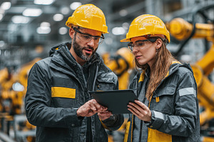 Factory workers reviewing data on ta, a Photo by Pixeness Studio