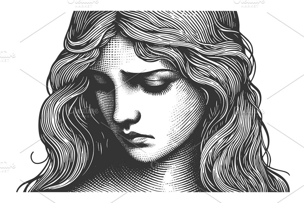 Melancholy woman engraving vector, a Person Illustration by AlexArt