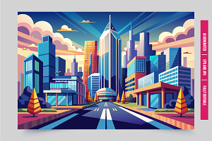 Colorful city street blue sky, an Illustration by Tanuart