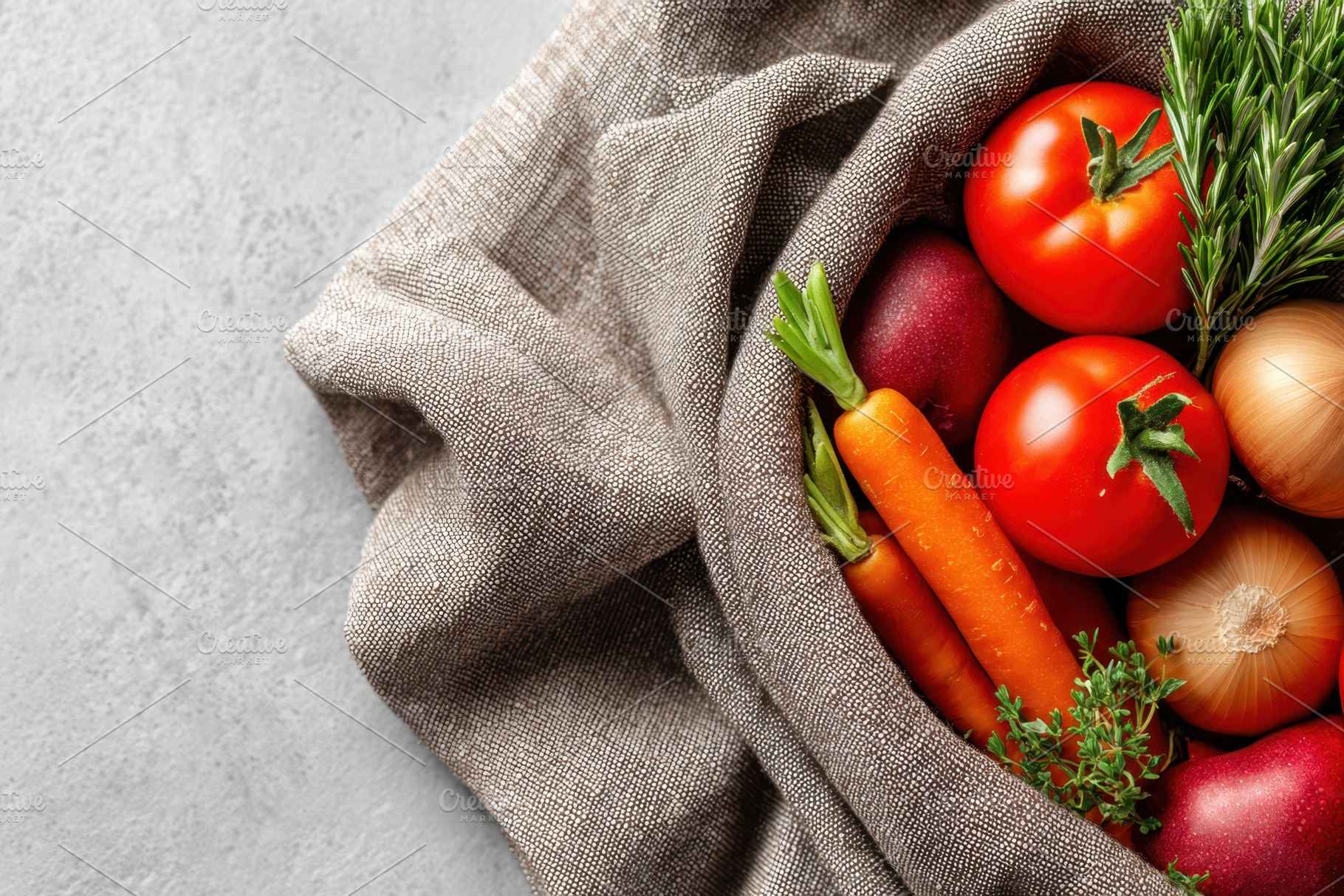 Fresh vegetables in linen cloth, a Food & Drink Photo by AlyaAnd