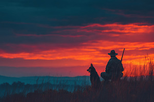 Hunter and dog resting in tall grass at sunset with dramatic ora, a Person Photo by José Manuel Gelpi