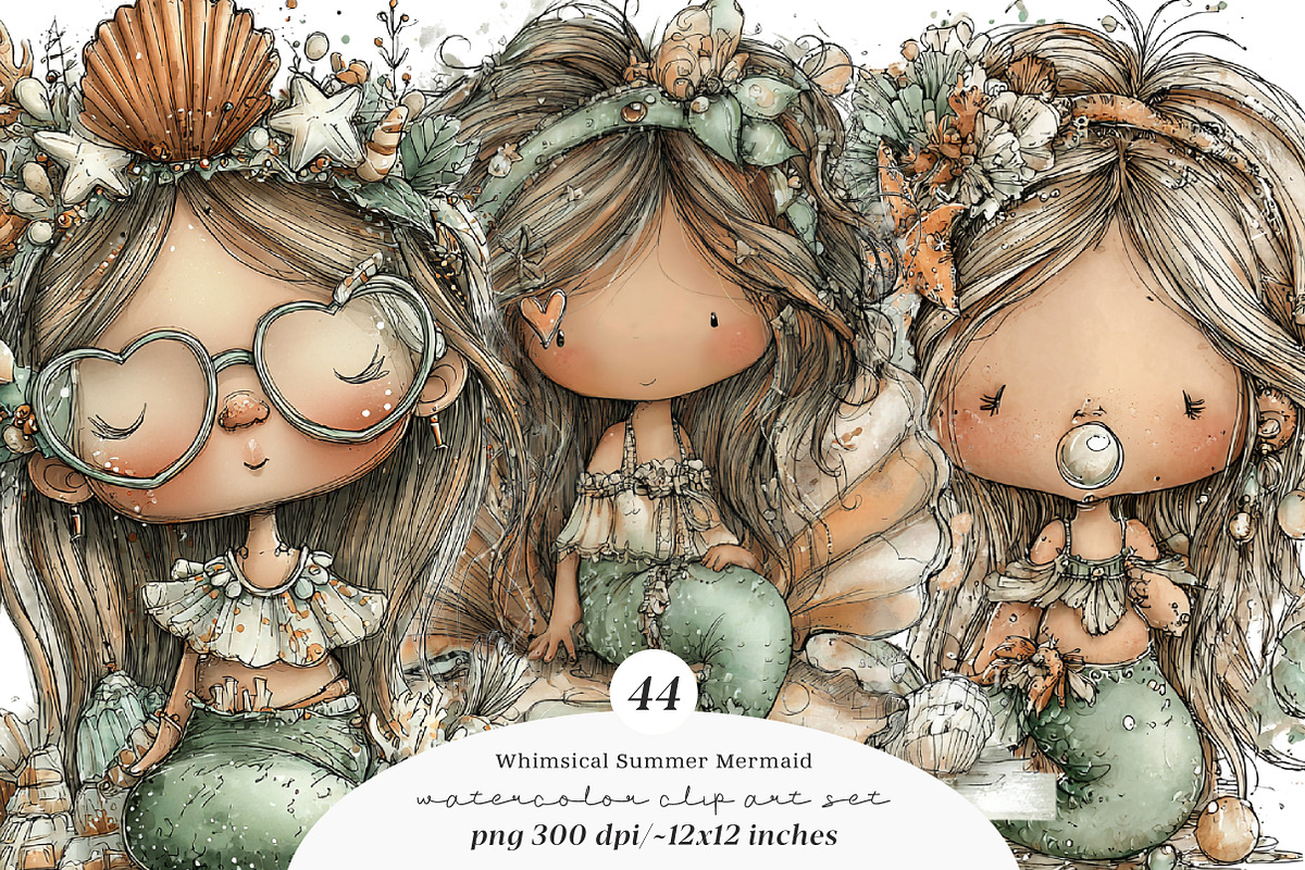 Whimsical summer mermaid clipart, an Illustration by SinaCreation (Photo 1 of 11)