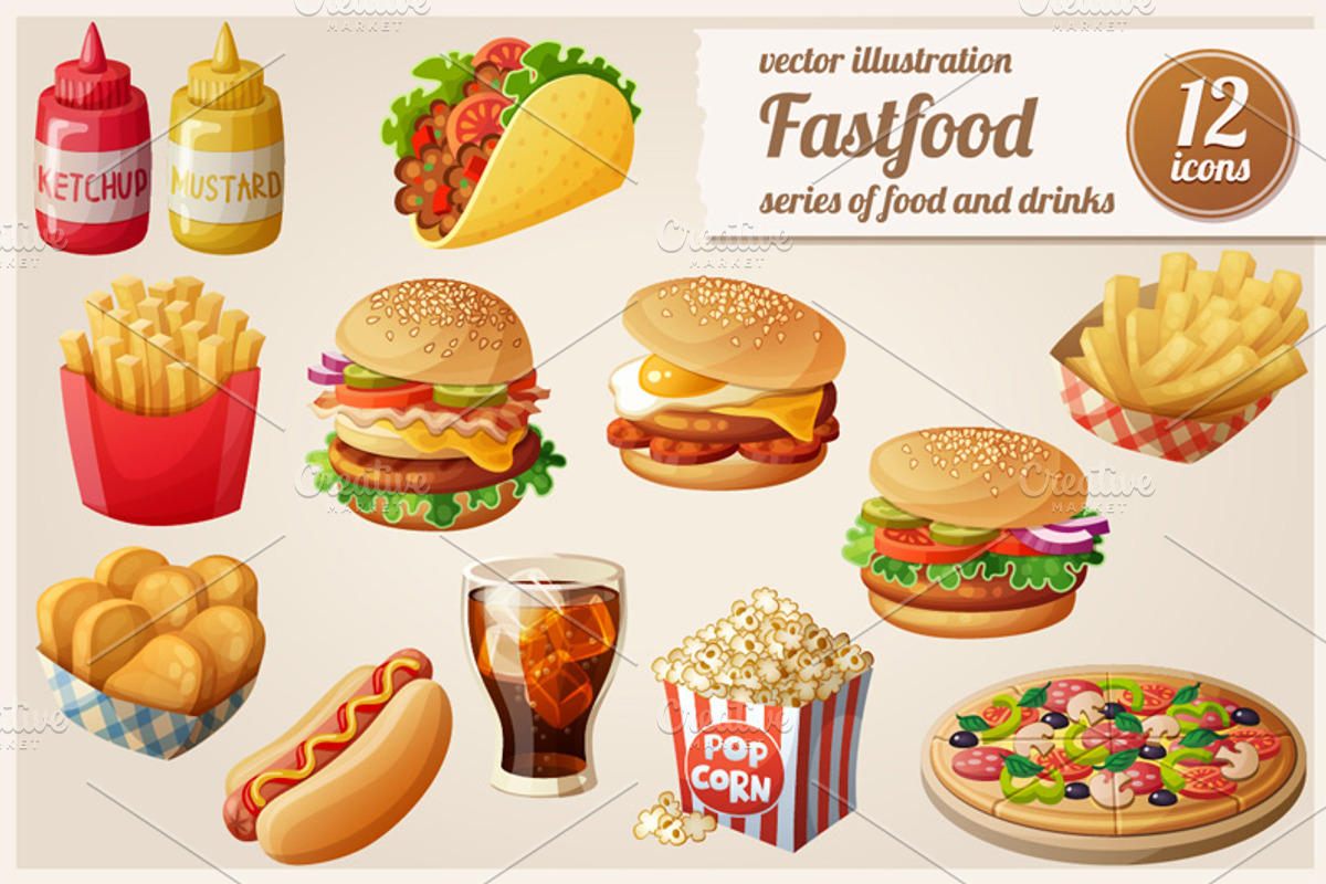 Cartoon fast food vector icons set, a Food Illustration by Ann-zabella