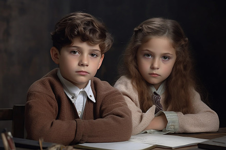 two children are sitting at a table, a Person Photo by FunnyCAOS