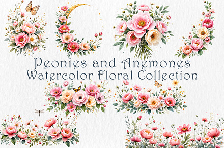 Watercolor Peonies and Anemones Set