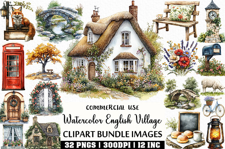 Watercolor English Village Clipart