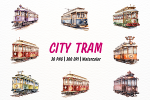 Vintage City Tram Watercolor Clipart, an Object Illustration by New-School-Wave