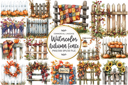 Watercolor Autumn Fence Clipart, an Illustration by OK Design