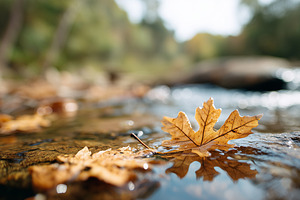 Golden autumn oak leaf floating, a Nature Photo by MistyDay
