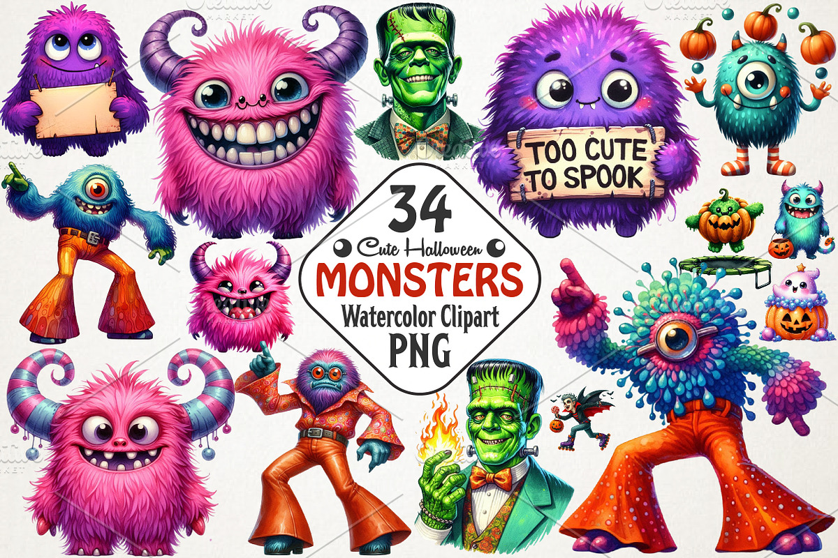 Cute Halloween Retro Monsters PNG, an Illustration by RobertsArt (Photo 1 of 7)