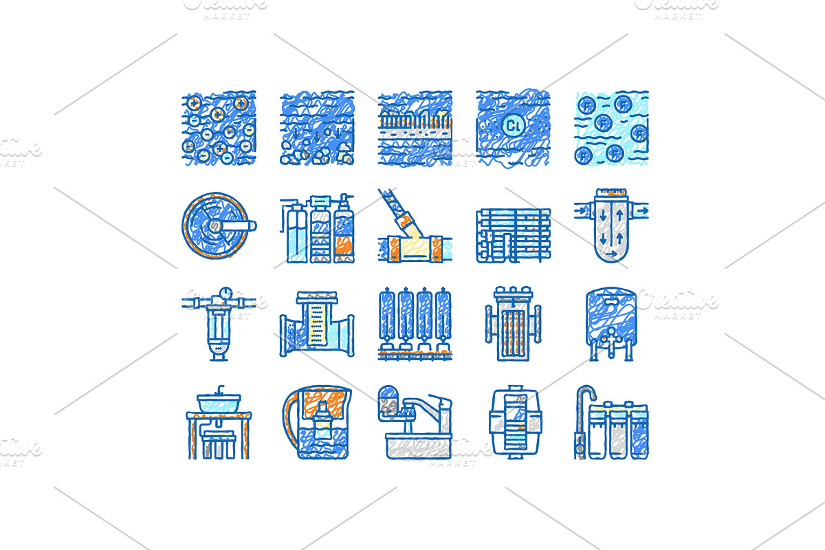 Water Filter Equipment set Icons, an Object Illustration by pikepicture