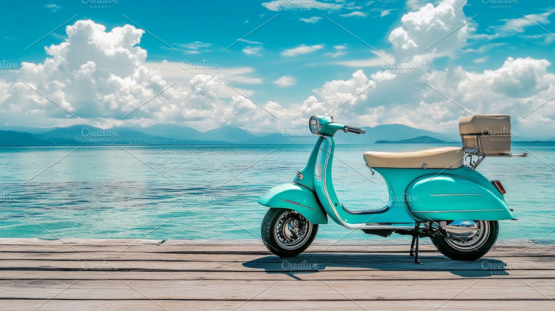 Vintage Blue Scooter Parked on a Wooden Pier by the Sea, an Abstract Photo by Natalia Klenova's Shop