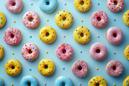 Pattern of sweet and colorful donuts, a Food & Drink Photo by AlyaAnd