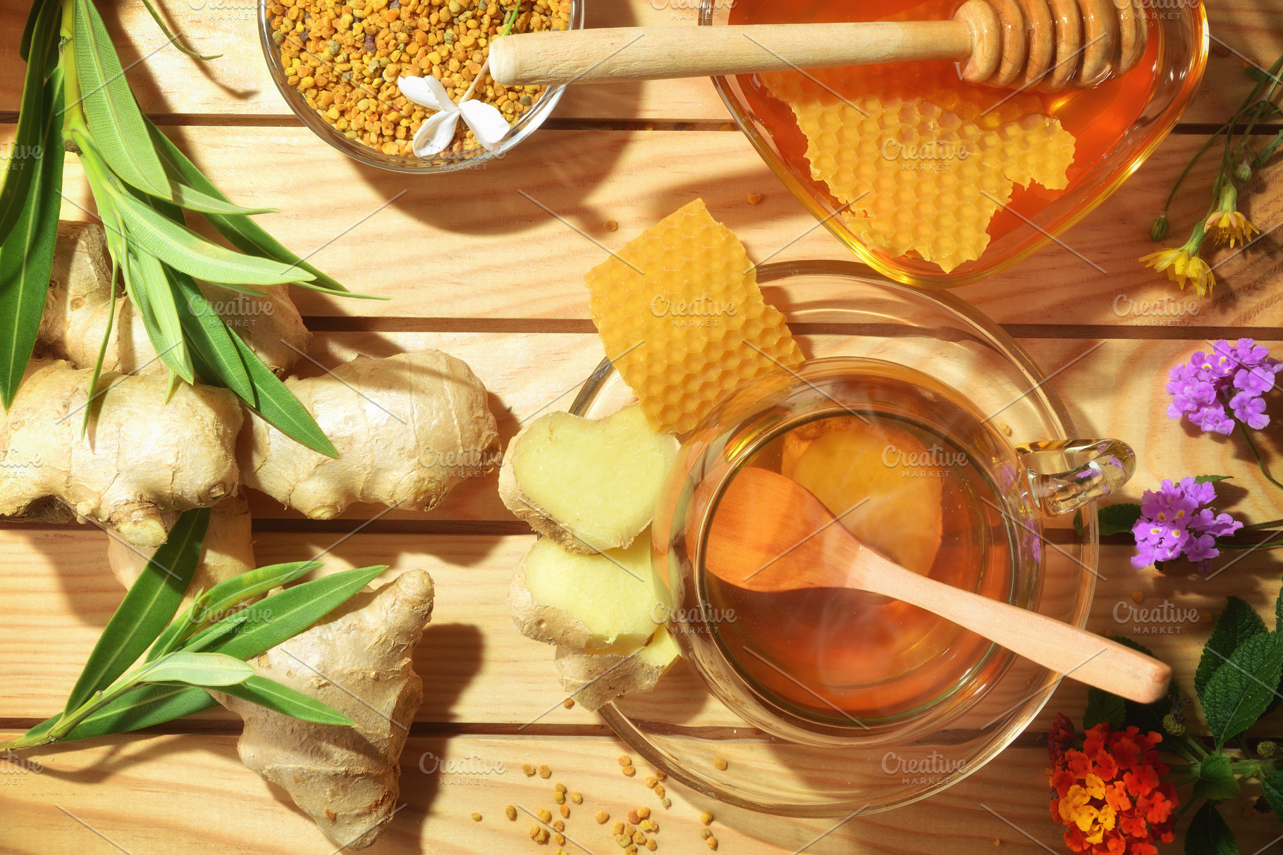 Natural herbal beverage with honey and ginger with ingredients, a Food & Drink Photo by Davizro's Market