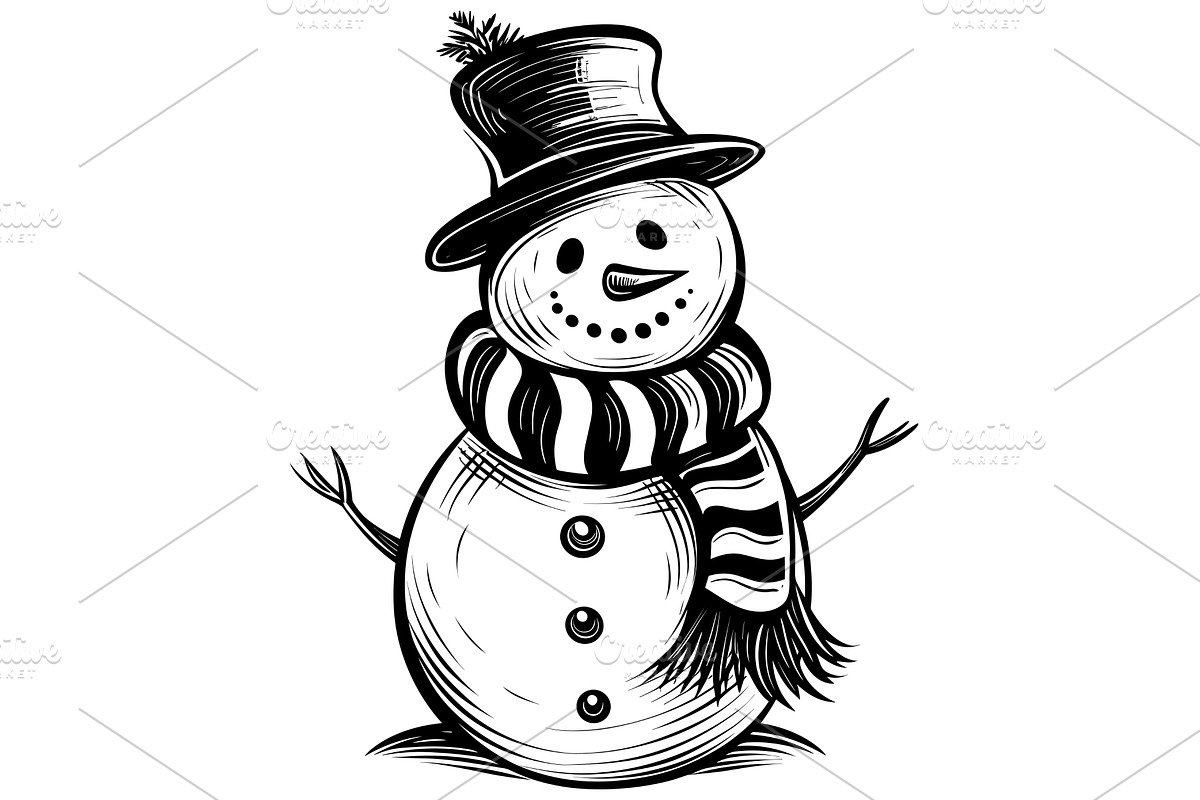 Snowman Woodcut Style, an Object Illustration by Malchev