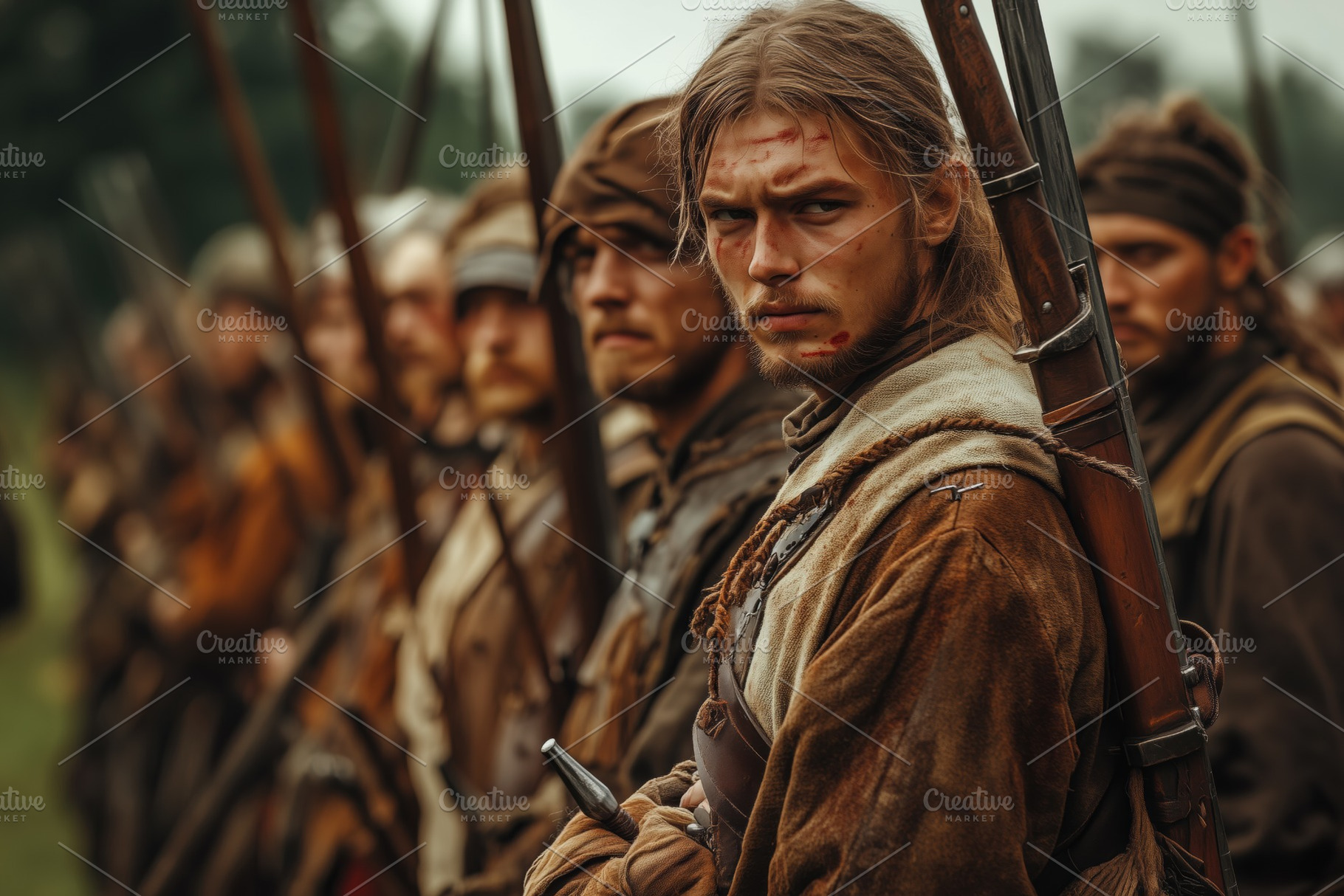 A group of historical soldiers standing in formation, dressed in period clothin, a Person Photo by Textures & Backgrounds
