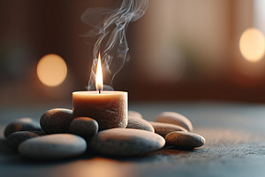 A softly glowing candle sits among smooth stones, releasing delicate wisps of f, a Beauty & Fashion Photo by AlyaAnd