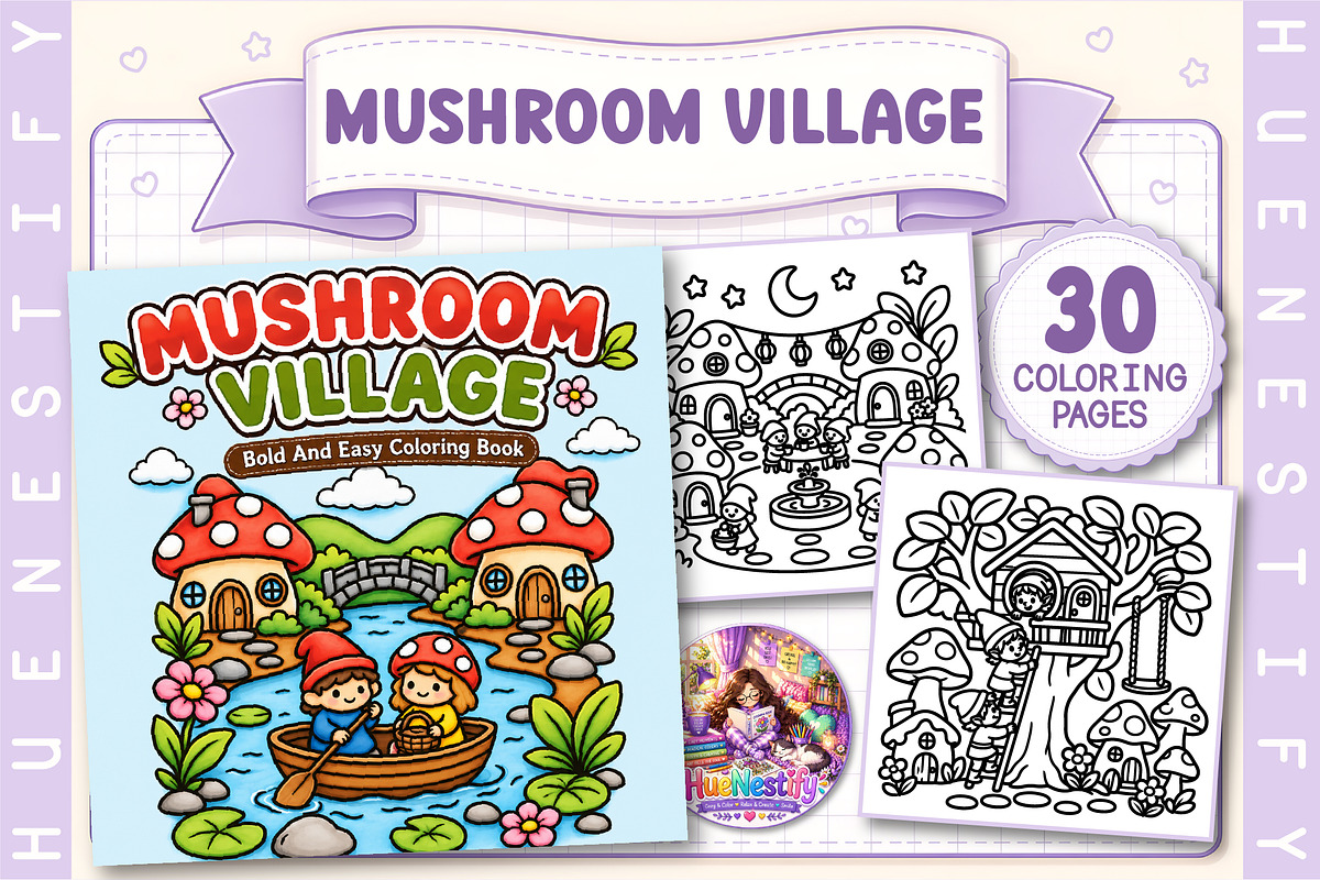 Mushroom Village Coloring Book, a Seasonal Illustration by HueNestify (Photo 1 of 4)