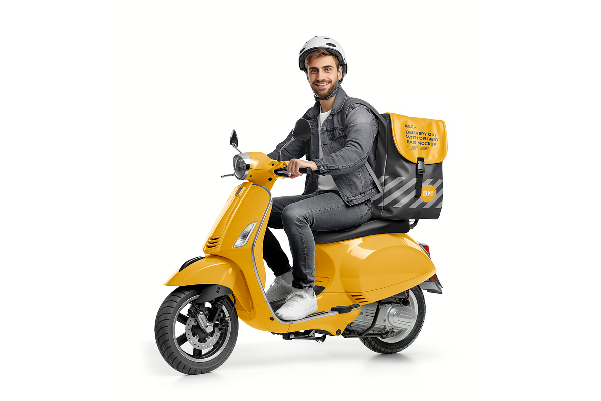Delivery guy on scooter Mockup, an Advertising Mockup by BlackMockup (Photo 4 of 12)