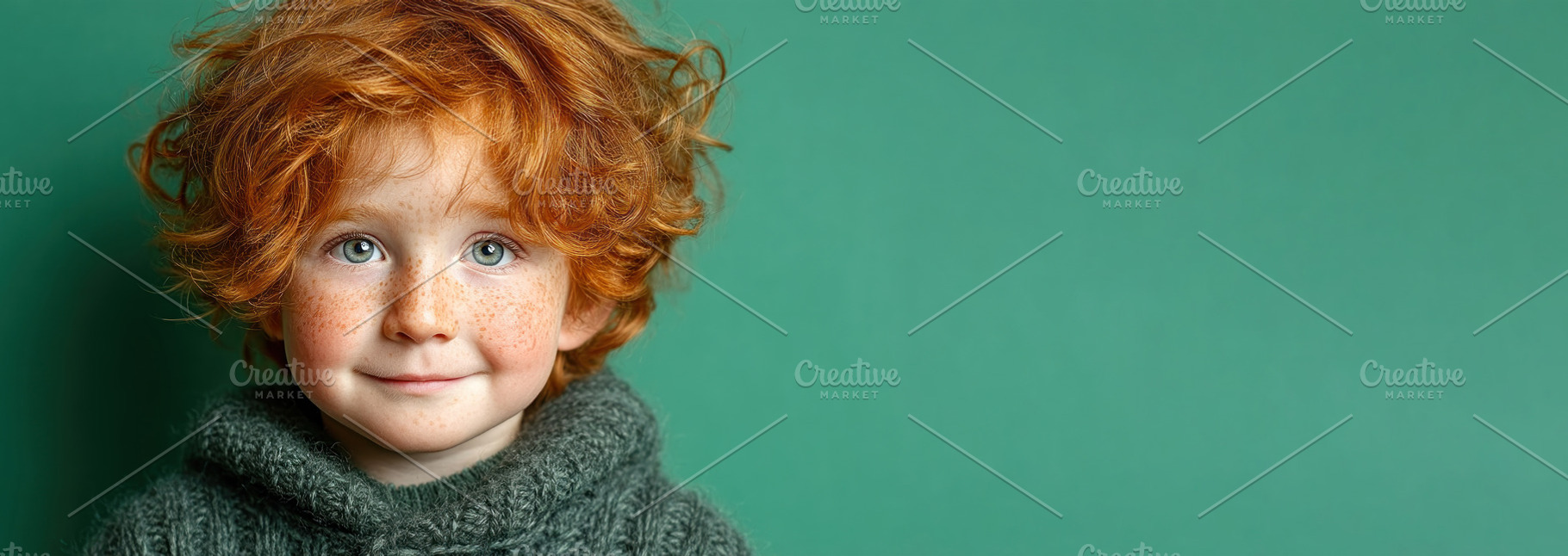 Curly red haired freckled child in dark green knit sweater again, a Person Photo by José Manuel Gelpi