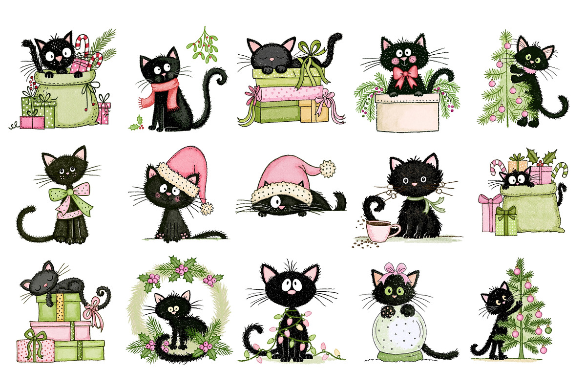 Christmas Cats PNG Clipart Bundle, a Seasonal Illustration by Nicolle's Colorful Art (Photo 5 of 6)