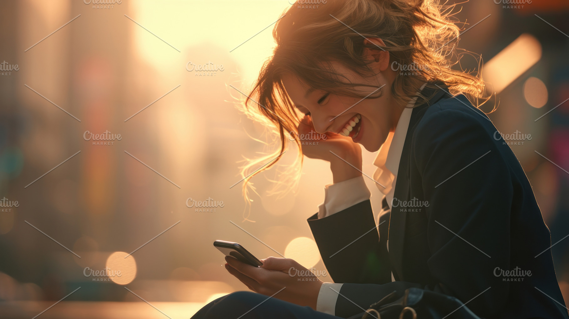 businesswoman smiling looking at smartphone, a Photo by Pictures for you!!!!!!!!!