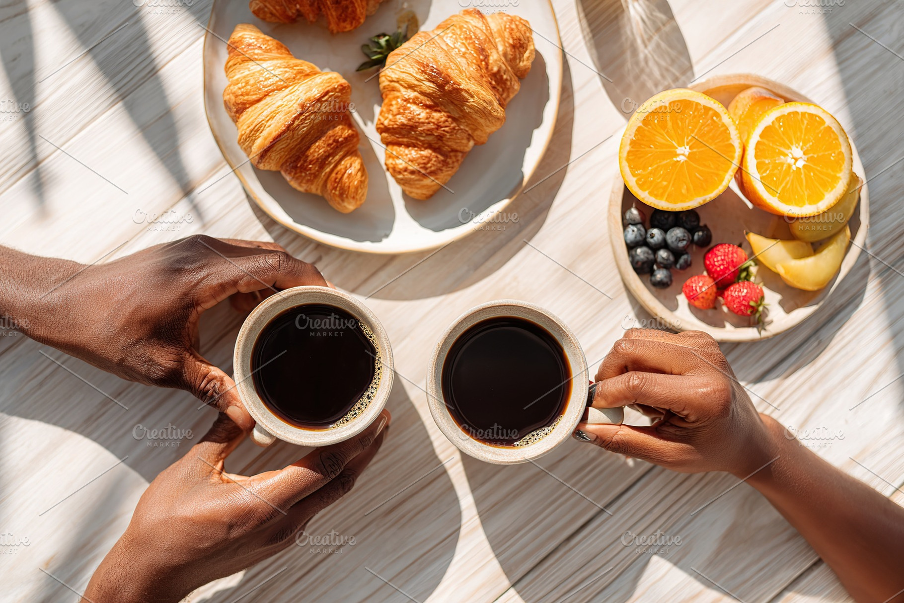 Enjoying coffee and fresh breakfast items with friends in a sunny cafe setting, a Photo by AlyaAnd