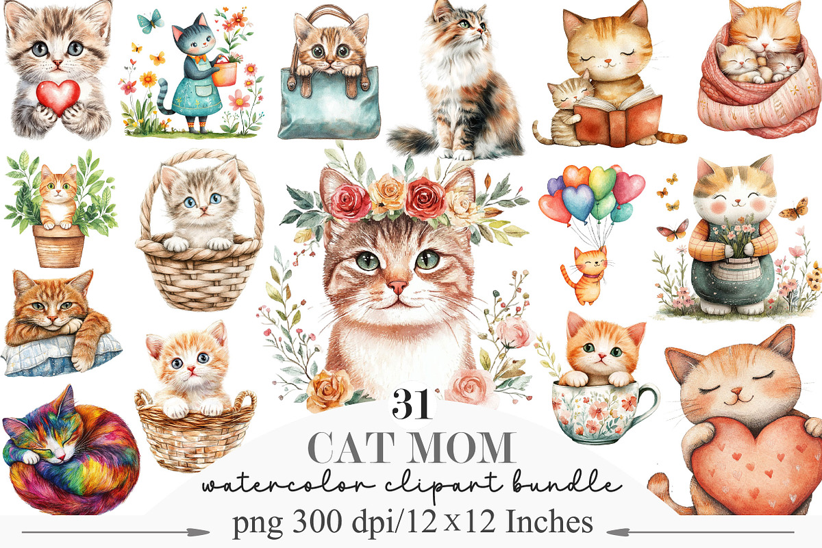 Watercolor Cat Mom Clip Art, an Illustration by Designking (Photo 9 of 10)