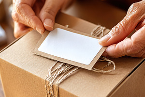 Hands wrapping a gift box with twine and tag for a special occasion, a Photo by AlyaAnd