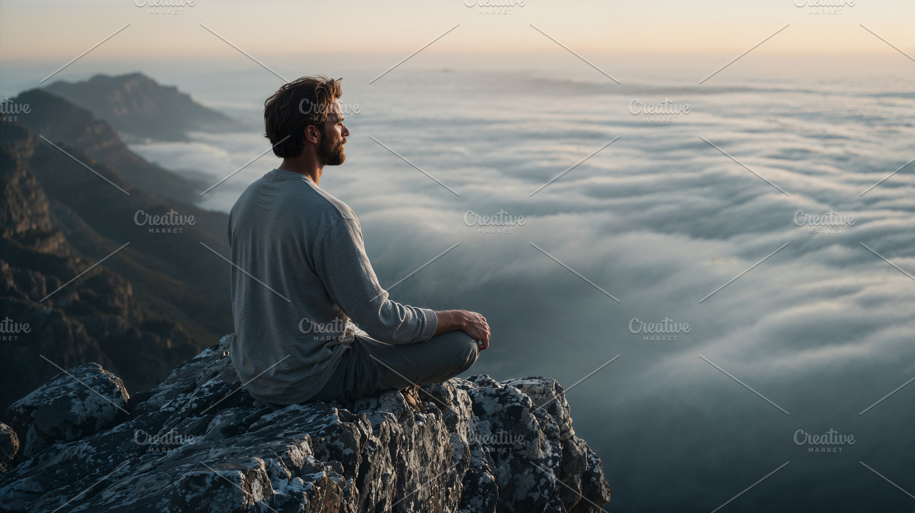 Man sits on mountain peak above clouds at sunset in nature, a Person Photo by OSORIOartist