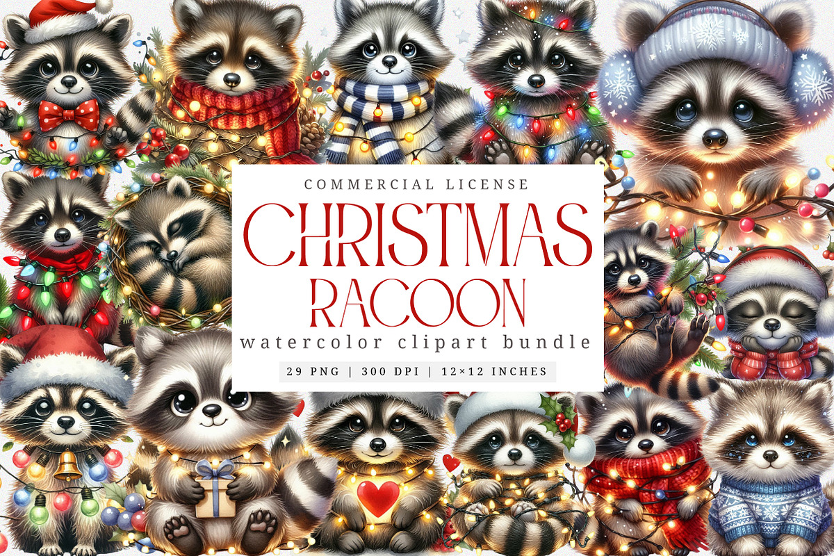 Christmas Racoon Clipart Bundle, an Illustration by SinaCreation (Photo 1 of 7)
