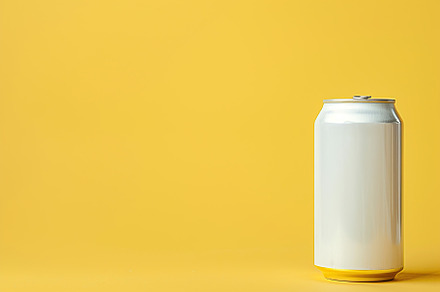 Blank aluminum can on yellow background, a Food & Drink Photo by AlyaAnd