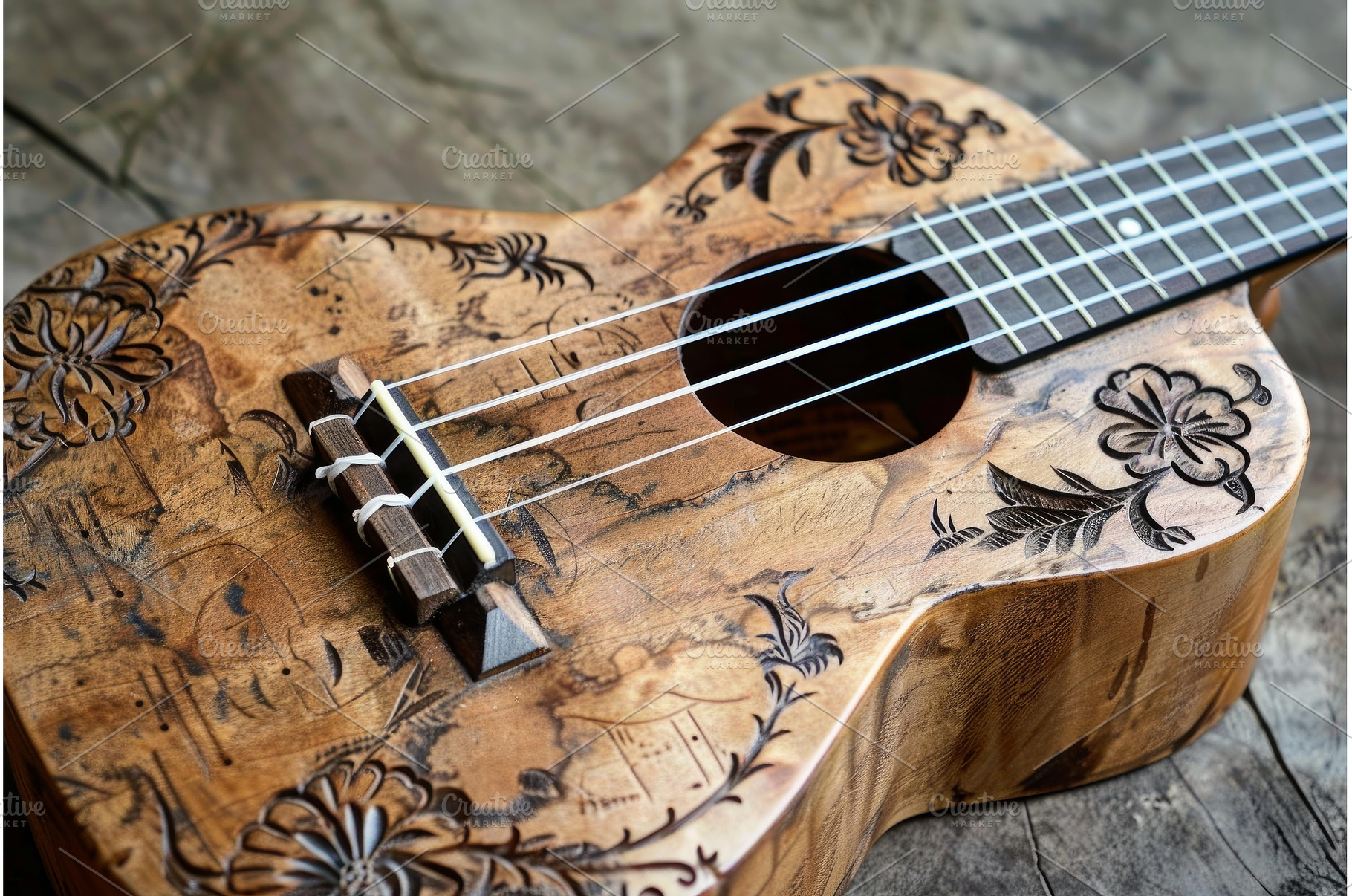 Wooden ukulele with floral pattern, an Arts & Entertainment Photo by Ylivdesign