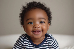 Smiling toddler with curly hair and striped shirt against neutra, a Person Photo by José Manuel Gelpi