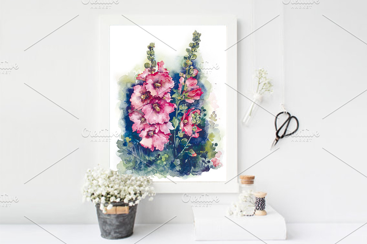 SALE! Watercolor Hollyhocks flowers, a Decorative Illustration by MaryAmi (Photo 3 of 3)
