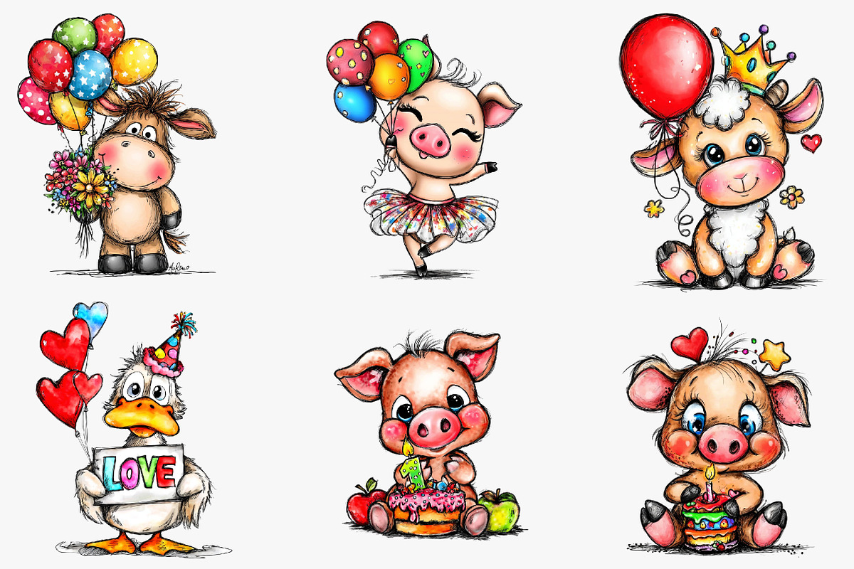 Whimsical birthday animals clipart, an Illustration by CreationArt (Photo 2 of 5)