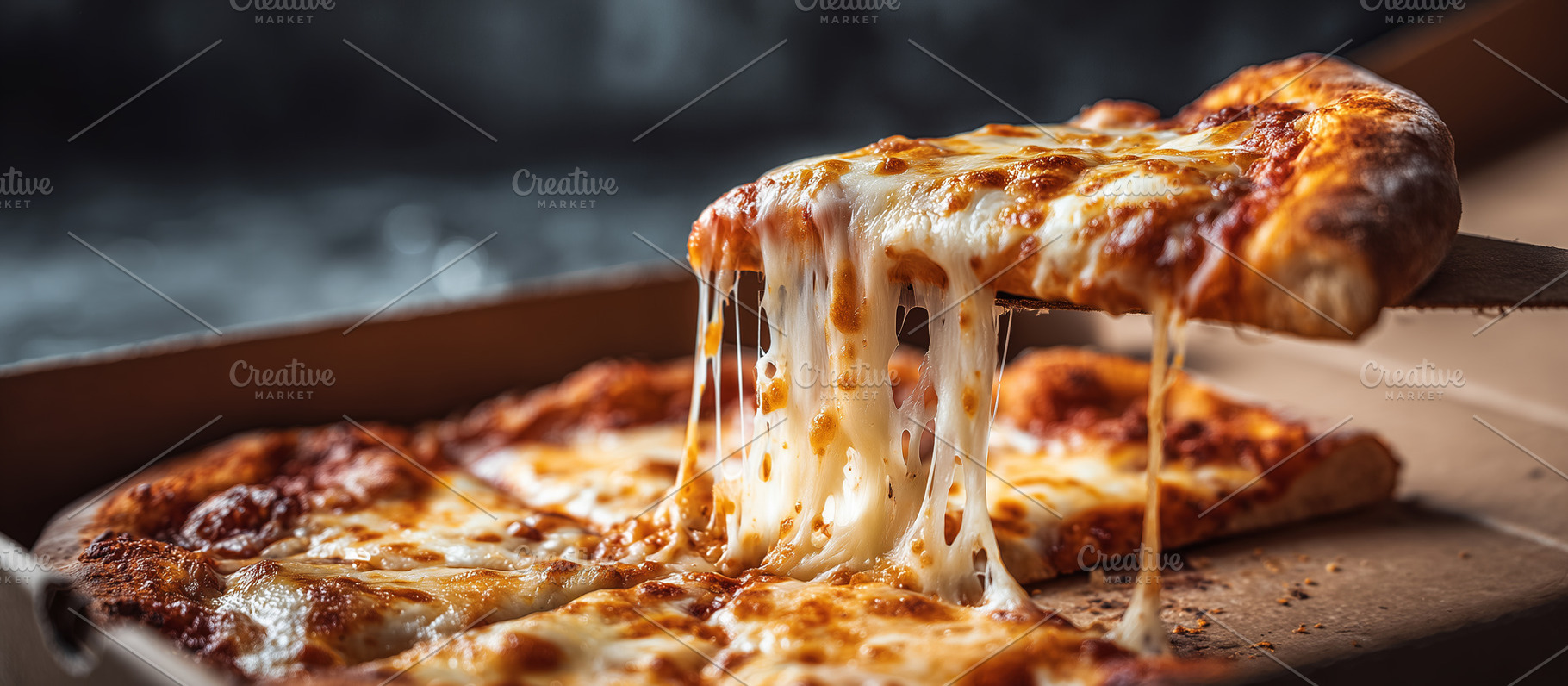 Pizza slice with melting cheese pull, a Food & Drink Photo by MistyDay