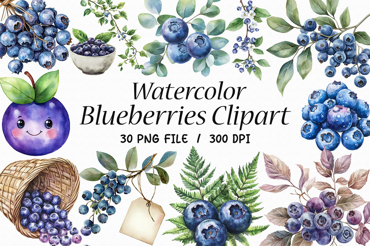 Watercolor Blueberries Clipart, an Illustration by Libby Wishes (Photo 1 of 11)