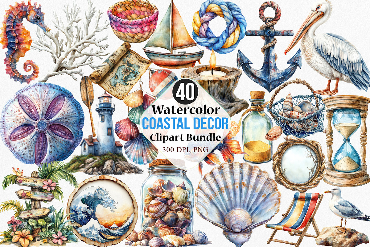Watercolor Coastal Decor Clipart, an Illustration by Canvas Craft (Photo 1 of 7)