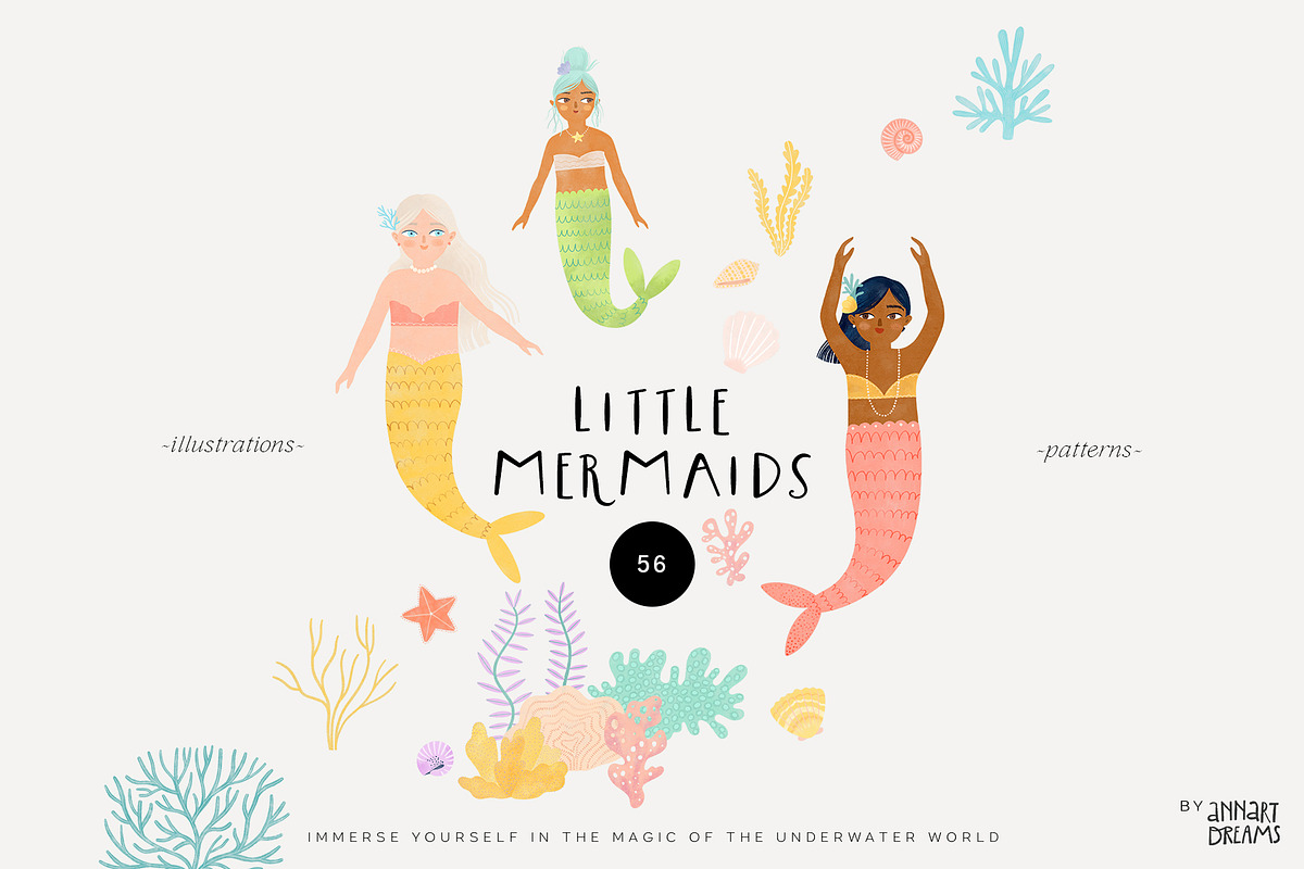 Little Mermaids. Clipart & Patterns, a Decorative Illustration by annartdreams (Photo 1 of 11)