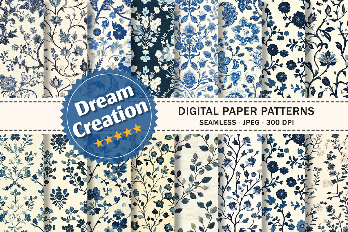 Blue Floral Toile Seamless Patterns, a Pattern Graphic by Dream Creation (Photo 1 of 4)