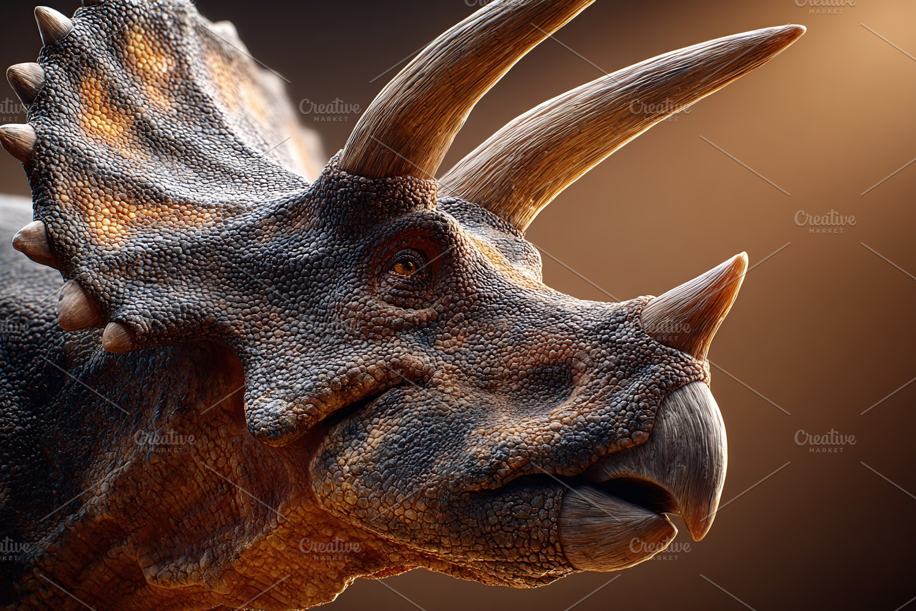 Portrait of a Triceratops facing forward with intricate details in natural ligh, a Photo by AlyaAnd
