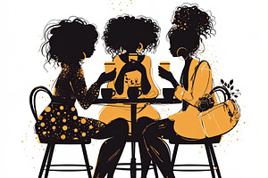 Three friends sharing a moment over coffee in artistic illustration, a Photo by AS photostudio