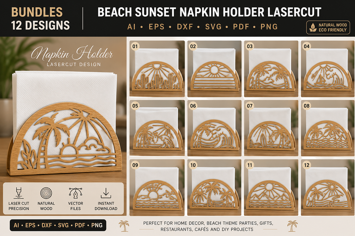 Beach Sunset Napkin Holder Lasercut, an Object Graphic by OTVEY DESIGN (Photo 1 of 13)