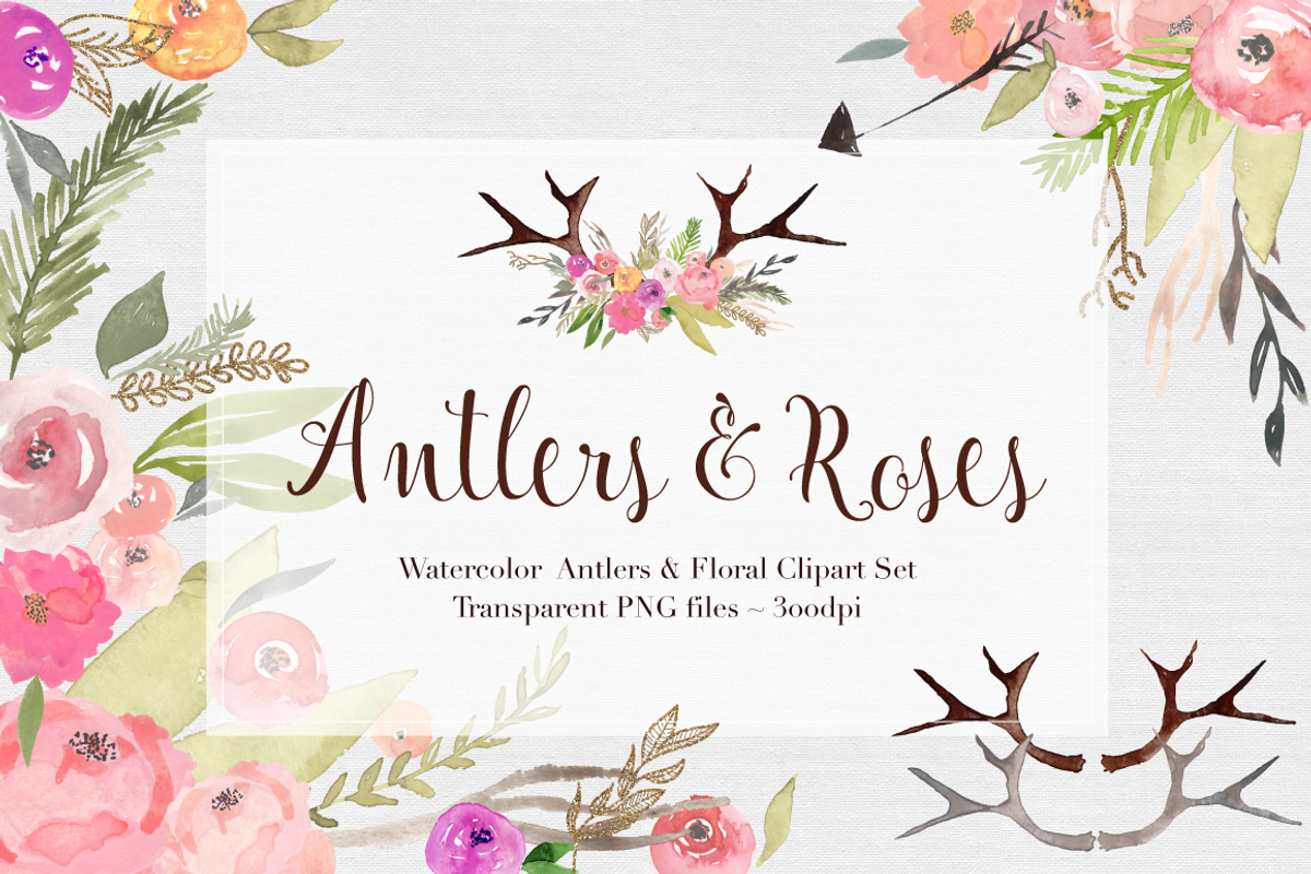 Antlers & Roses Watercolor Clipart, an Illustration by The Autumn Rabbit Ltd (Photo 1 of 3)