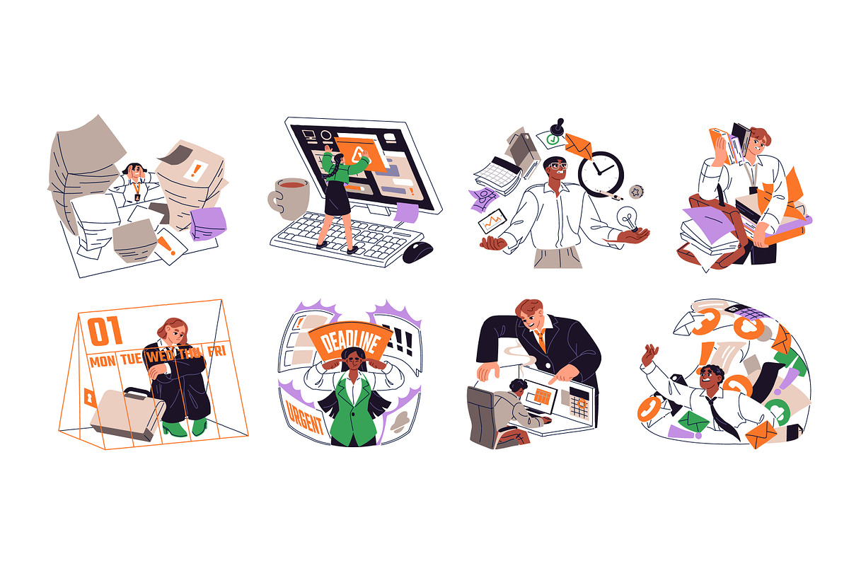 People work overtime concept set, a Work Illustration by PaperTrident (Photo 1 of 9)