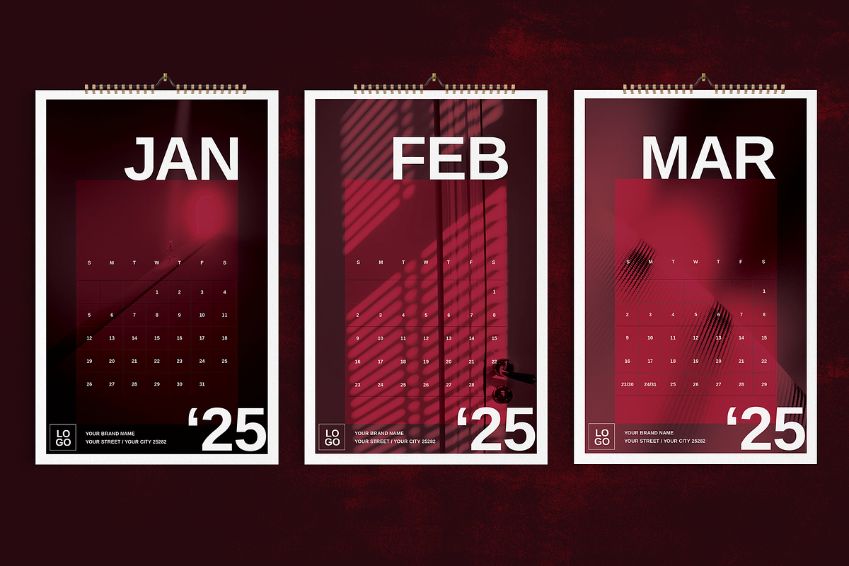 2025 Wall Calendar Dark Red Theme, a Stationery Template by Boris Cupac (Photo 2 of 5)