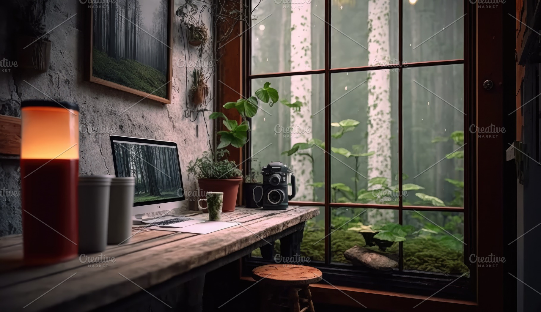 little cozy workspace, mug & laptop, a Business Photo by Virgo Studio